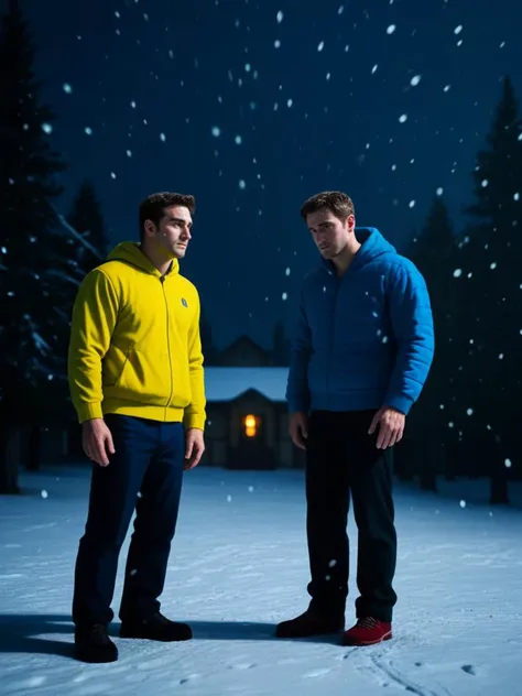 Realistic, sfw,  (duo, 2boys, male focus), lean body, toned body, fully dressed, perfect lighting, raw photo, cinematic LUT, masculine. dynamic angle, dark background, full body and face, , face punch, (nervous facial expression), inuit skin, going to a sports game, they cheer for their team feeling united and enthusiastic,, A winter snowfall blankets the town, the world turning silent and serene. Men feel a sense of peace, but the snow reveals the outline of a long-lost village beneath the ice., <lora:add-detail-xl:1.3> <lora:Polaroid:1>