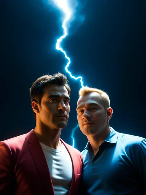 Realistic, sfw,  (duo, 2boys, male focus), lean body, sculpted body, fully dressed, perfect lighting, raw photo, cinematic LUT, masculine. dynamic angle, dark background, from below, looking at viewer, face punch, (playful facial expression), southeast asian skin, attending a theater performance, they enjoy the show and discuss it over dinner,, A lightning storm crackles with energy, bolts striking the ground. Men feel electrified, but the twist is the lightning leaves behind glowing crystals., <lora:add-detail-xl:1.3> <lora:Polaroid:1>