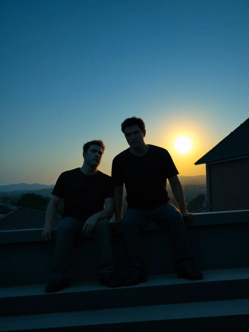 Realistic, sfw,  (duo, 2boys, male focus), pear-shaped body, well-proportioned body, fully dressed, perfect lighting, raw photo, cinematic LUT, masculine. dynamic angle, dark background, from below, , face punch, (intimidating facial expression), latin american skin, stargazing on a rooftop, they lie side by side pointing out constellations feeling connected and in awe,, A scorching heatwave, the sun beating down mercilessly. Men feel drained, but the heat causes a mirage that leads them to an oasis with a hidden underground spring., <lora:add-detail-xl:1.3> <lora:Polaroid:1>