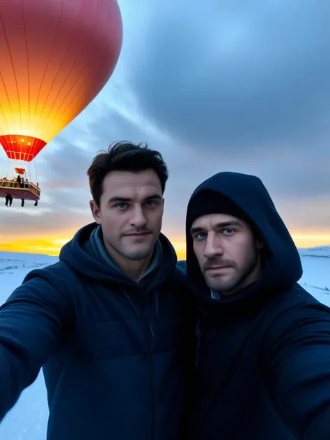 Realistic, sfw,  (duo, 2boys, male focus), curvy body, solid body, fully dressed, perfect lighting, raw photo, cinematic LUT, masculine. dynamic angle, dark background, taking a selfie, looking at viewer, (arrogant facial expression), sub-saharan african skin, taking a hot air balloon ride, they float above the landscape feeling exhilarated and in awe,, A frost, with ice crystals forming on every surface and the air biting cold. Men feel a sense of stillness and reflection. Suddenly, the frost reveals a hidden pattern in the landscape, like a giant, intricate snowflake., <lora:add-detail-xl:1.3> <lora:Polaroid:1>