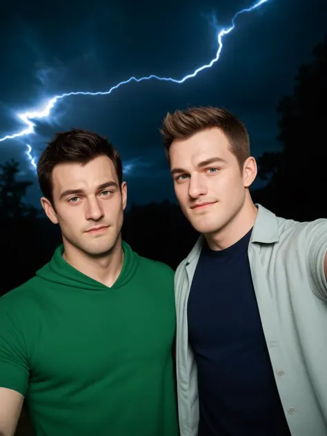 Realistic, sfw,  (duo, 2boys, male focus), sleek body, athletic body, fully dressed, perfect lighting, raw photo, cinematic LUT, masculine. dynamic angle, dark background, taking a selfie, looking to the side, (nervous facial expression), berber skin, board game night, one man is too competitive and they argue,, A lightning storm, with bolts of electricity dancing across the sky. Men feel a sense of excitement and energy. Suddenly, a bolt of lightning strikes the ground, revealing a hidden underground chamber., <lora:add-detail-xl:1.3> <lora:Polaroid:1>