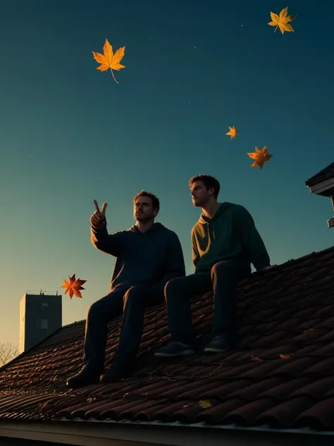 Realistic, sfw,  (duo, 2boys, male focus), broad-shouldered body, sinewy body, fully dressed, perfect lighting, raw photo, cinematic LUT, masculine. dynamic angle, dark background, from below, looking to the side, face punch, (fearful facial expression), gypsies skin, stargazing on a rooftop, they lie side by side pointing out constellations feeling a deep connection,, A serene autumn day with leaves falling gently. Men feel reflective, but the twist is the leaves form patterns that tell a story., <lora:add-detail-xl:1.3> <lora:Polaroid:1>