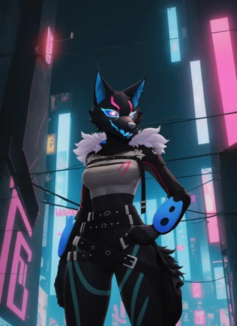 highwire, furry female anthro, wolf girl, standing, portrait, tranquil, solo, (body fur:1.2), (best quality), (cyberpunk city background:1.2), medium breasts, dramatic lighting, detailed fluffy fur, looking at viewer, detailed fluffy fur, crop top, <lora:highwire-v1-locon:1>