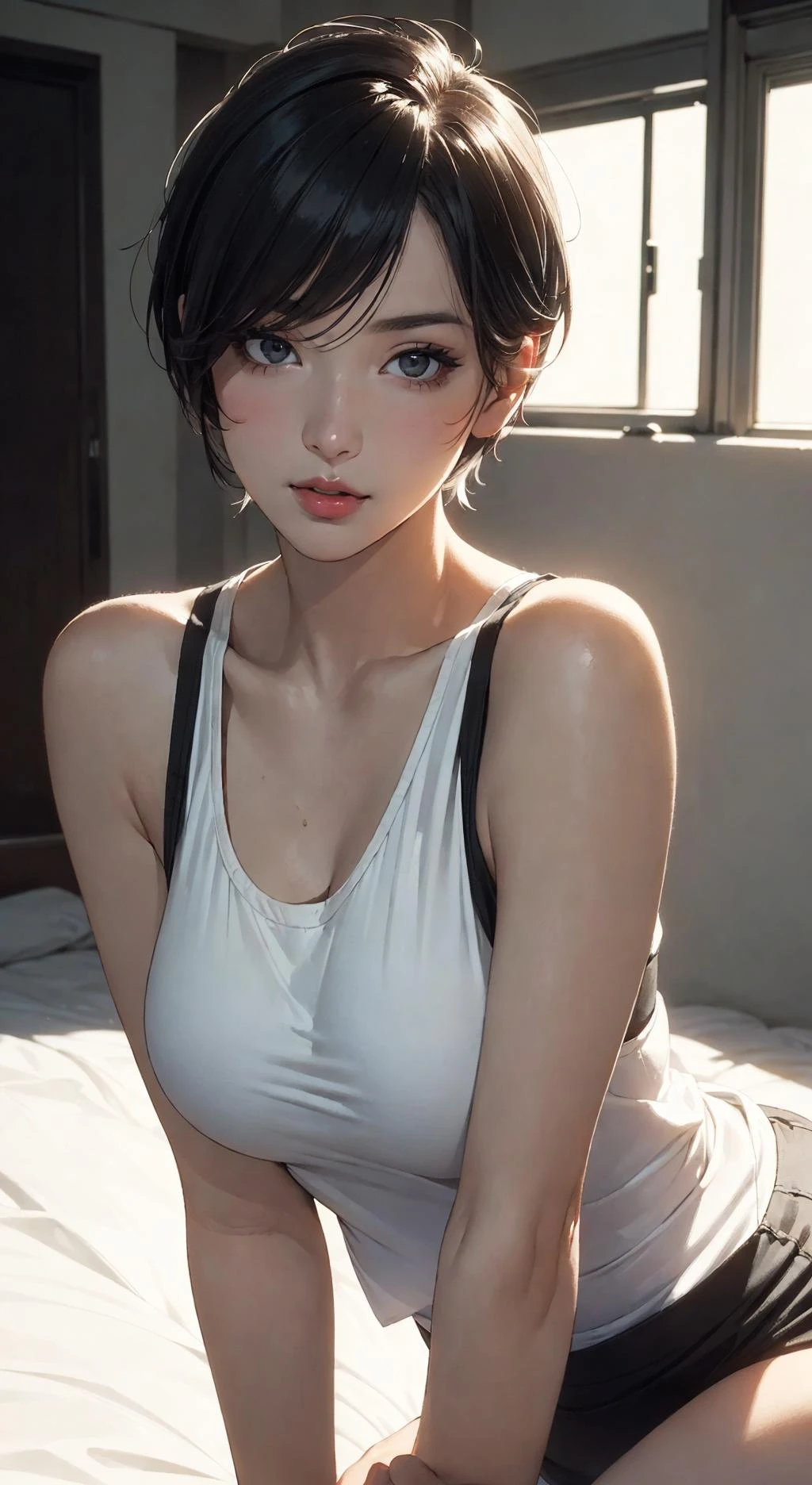 (Ultra detailed:1.3) ((((best quality))) , (((ultra detailed))) , (((masterpiece))) , illustration,Fashion, lipstick, ray tracing, depth of field, 1girlï¼ (solo:1.5) , looking at the audience, glossy skin, counterpoint, female focus, model, (huge breasts:1.3),mischievous face cool, perspective, fine fabric emphasis, budget haze,ojou-sama pose,
beautiful young female, Pixie Cut, tank top, leaning forward, art by Adrian Tomine, art by Agnes Cecile, sexy, seductive, shadow, dramatic lighting, park, black and whiteï¼
Hotifyï¼Prettifyï¼PrettyEyesï¼