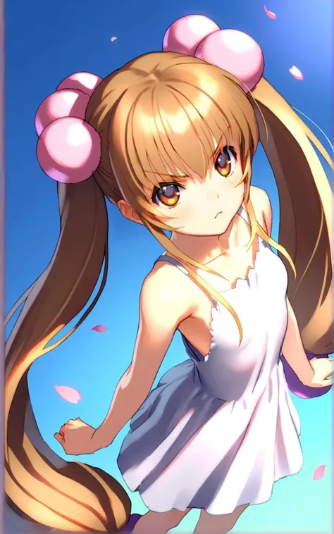 1girl, kokonoerin, brown eyes, white sundress, serious, brown eyes, cowboy shot, cherry blossoms, falling petals, pink petals, blue sky, looking up, dynamic lighting, from above, 
BREK masterpiece, best quality, very aesthetic, by raika9, 
<lora:KokonoeRin_XL:1>