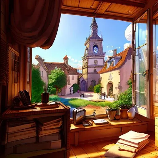 <lora:mi3:0.8> room filled with clutter and big French open window looking at village