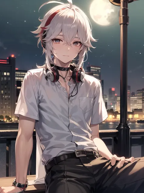 masterpiece, best quality,1boy,  eye focus,,beautiful eyes,looking at viewer, expressionless, open jacket, white shirt,sitting, cityscape, night, big moon,lamppost, street wear,headphones, black choker, necklace,