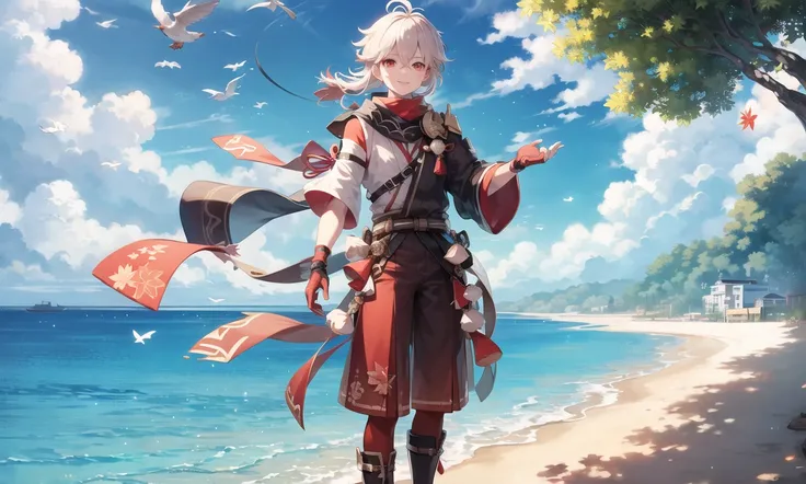 masterpiece, best quality,game cg,1boy,  male focus,eye focus,beautiful eyes,red eyes,floating hair,, floating maple leaf, light particles, cloudy sky, blue sky, wind,, ocean, beach, full body, boat, sunlight, , looking at viewer, standing, cloud, bird, reaching out, light smile,