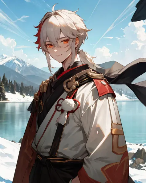 masterpiece, best quality, extremely detailed CG 8k wallpaper, {1man, male_focus, solo, look at viewer}, {detailed face, handsome, twink, gentle smile}, <lora:KazuhaCostumeGenshinImpact:0.7> , {toned, muscular_male, muscular, wide shoulder, narrow waist}, {a man wearing a wind coat with extravagant embellishments sits in front of beautiful snow mountains and lakes, sunshine, sunlight}, masterpiece, best quality,