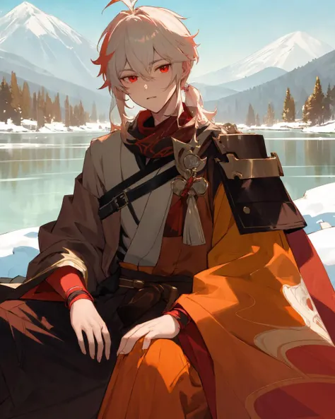 masterpiece, best quality, extremely detailed CG 8k wallpaper, {1man, male_focus, solo}, {red eyes, detailed face, handsome, twink}, <lora:KazuhaCostumeGenshinImpact:0.7> , {toned, muscular_male, muscular, wide shoulder, narrow waist}, {a man wearing a wind coat with extravagant embellishments sits in front of beautiful snow mountains and lakes, sunshine, sunlight}, masterpiece, best quality,
