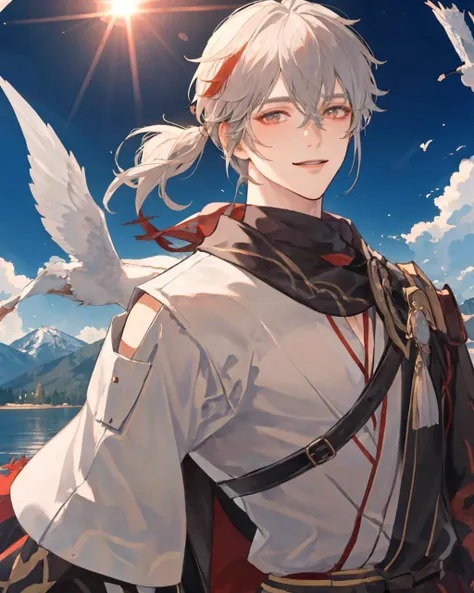 masterpiece, best quality, extremely detailed CG 8k wallpaper, {1man, male_focus, solo, look at viewer}, {detailed face, handsome, twink, gentle smile}, <lora:KazuhaCostumeGenshinImpact:0.7> , {toned, muscular_male, muscular, wide shoulder, narrow waist}, {a man wearing a wind coat with extravagant embellishments sits in front of beautiful snow mountains and lakes, sunshine, sunlight}, masterpiece, best quality,