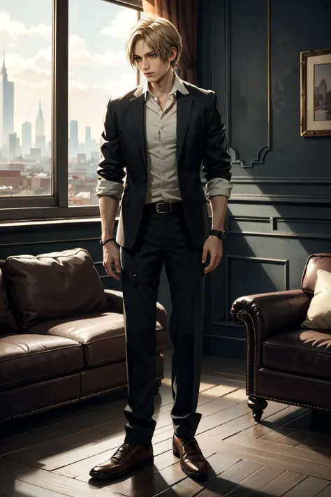 ((ultra detailed, masterpiece, best quality))
 <lora:RE4Leon:0.8>
RE4Leon, 1boy, solo, blonde hair, In an upscale loft with industrial aesthetics, sharp business attire, large windows with city views, standing near a leather couch with a confident look