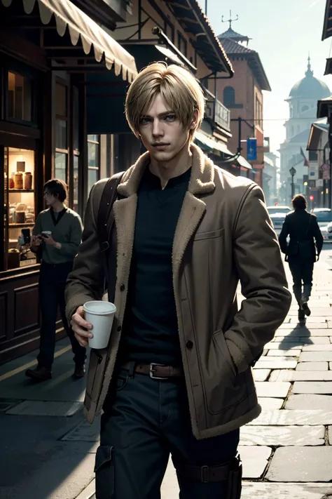 ((ultra detailed, masterpiece, best quality))
 <lora:RE4Leon:0.8>
RE4Leon, 1boy, solo, blonde hair, Within a bustling city square, business-casual attire, surrounded by urban life, confidently strolling with a coffee cup in hand