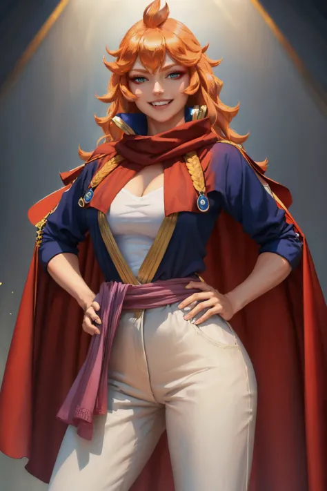 (masterpiece, best quality:1.2), <lyco:blackclover_mereoleona-10:1.0>, cowboy shot, solo, 1girl, mereoleona vermillion, grin, looking at viewer, hands on hips, blue shirt, red cape, white pants