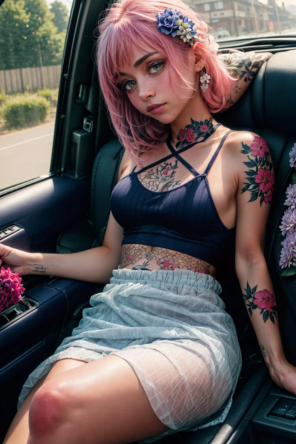 real, realistic, photorealistic, RAW photo,panoramic shot, girl, glowing tattoos with a cute painted face, flat_chest, Leaning on one leg pose downblouse position, Neon pink hair, beautyful eyes,( Periwinkle tiny stripped wool tight Maxi skirt ), (Navy fishnet wool long sheer Crop Top ), background inside a car ((with a group of boys led series flowers candies)), (high detailed skin:1.2), 8k uhd, dslr, soft lighting, high quality, film grain, Fujifilm XT3 <lora:add_detail:1> <lora:beauty_eyes:0.35> <lora:offset_0.2:0.7> <lora:nipple tweak6:0.7> <lora:FeetExperiment:1>