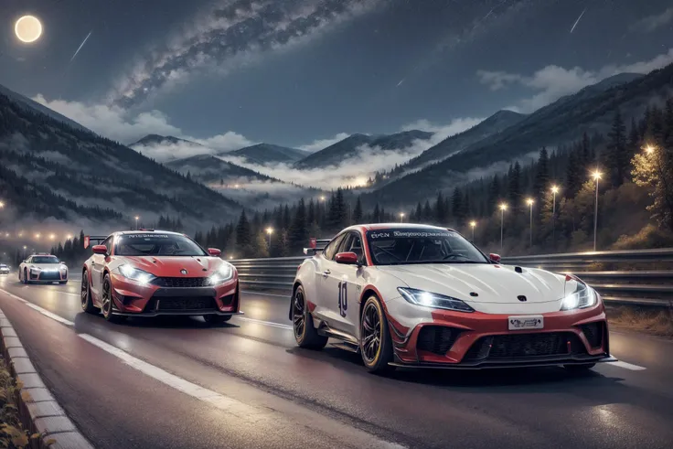 cars racing at night in mountains roadway scenario, near mist, cloudy starry night, Red moon <lora:add_detail:1> <lora:offset_0.2:1> <lora:DaVinciTech:0.4> <lora:KawaiiTech:0.6> <lora:DarkSpheraStyle:0.1>