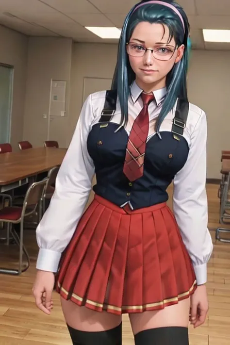 real, realistic, photorealistic, RAW photo, 8k uhd, dslr, soft lighting, high quality, film grain, Fujifilm XT3, FAP_BibleBlack_JunkoMochida_ownwaifu, long hair, blue hair, hairband, breasts, large breasts, blue eyes, rimless eyewear, very long hair, skirt, thighhighs, long sleeves, school uniform, necktie, glasses, zettai ryouiki, red necktie, suspenders, red skirt, pleated skirt, black_vest, vest, cowboy shot, smile, looking at viewer, deep cleavage, mature woman, solo, curvy