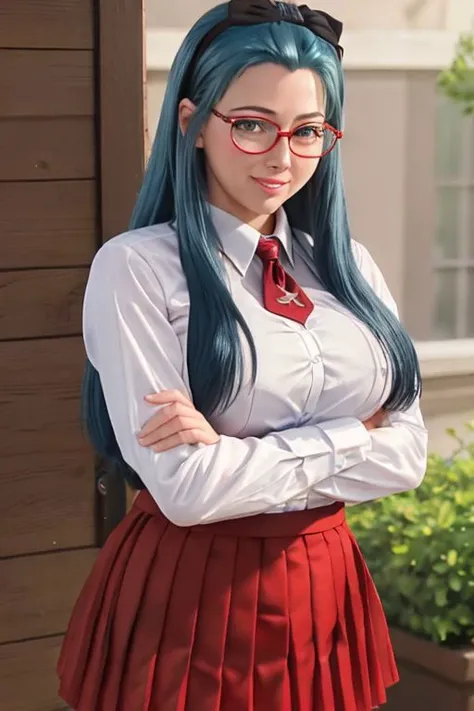 real, realistic, photorealistic, RAW photo, 8k uhd, dslr, soft lighting, high quality, film grain, Fujifilm XT3, FAP_BibleBlack_JunkoMochida_ownwaifu, very long hair, blue hair, hairband, large breasts, blue eyes, rimless glasses, partially unbuttoned white shirt, deep cleavage, thighhighs, cowboy shot, smile, looking at viewer, mature woman, solo, curvy, (red pleated skirt:1.4),