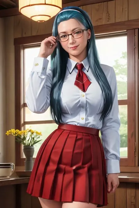 real, realistic, photorealistic, RAW photo, 8k uhd, dslr, soft lighting, high quality, film grain, Fujifilm XT3, FAP_BibleBlack_JunkoMochida_ownwaifu, very long hair, blue hair, hairband, large breasts, blue eyes, rimless glasses, partially unbuttoned white shirt, deep cleavage, thighhighs, cowboy shot, smile, looking at viewer, mature woman, solo, curvy, (red pleated skirt:1.4),