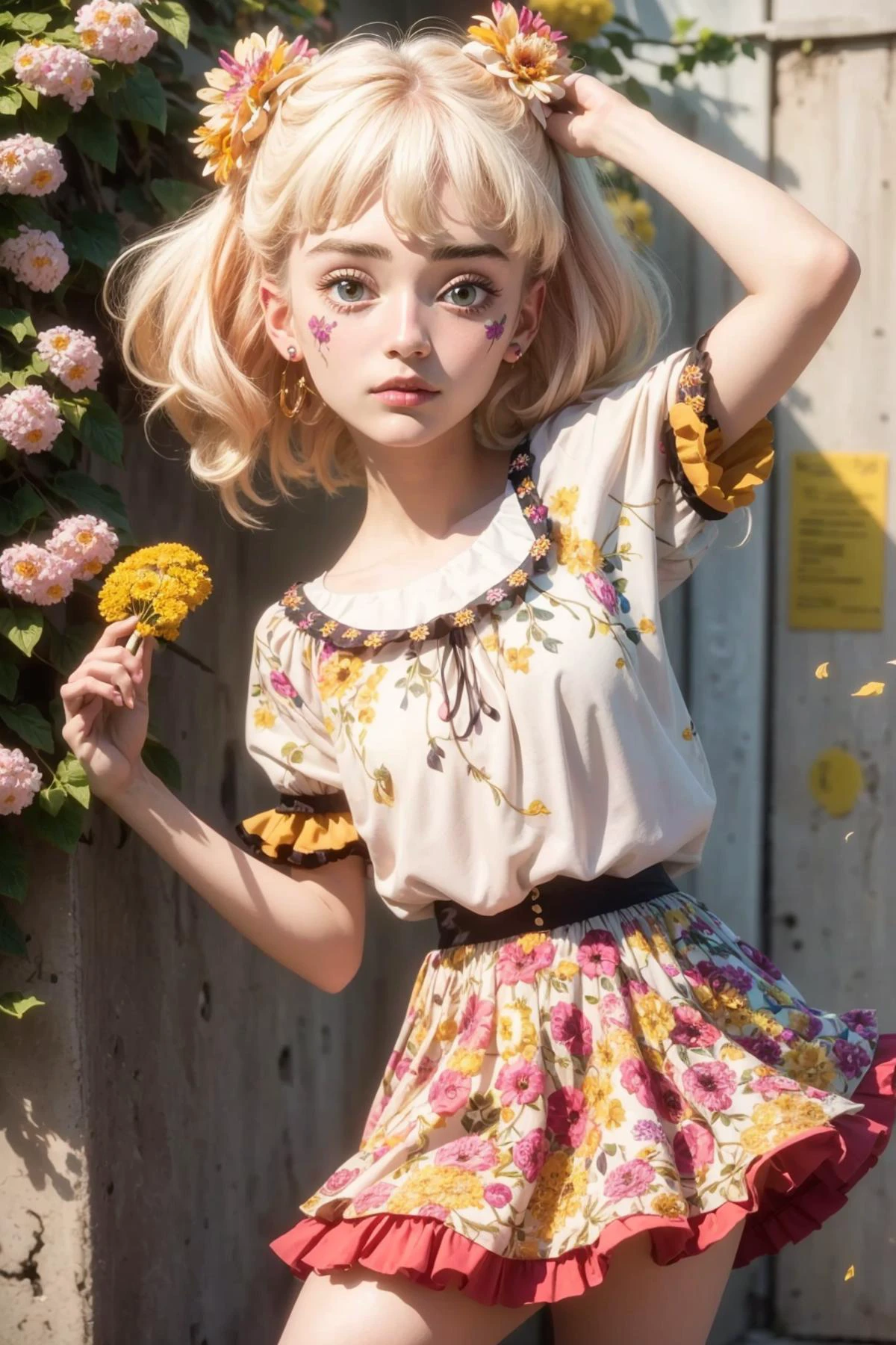 20 years old alice cartelet, beautyful eyes, catrina painted face, hair ornament , Classic headshot pose, skirt lift, detailed background, (marygold flowers:1.1), <lora:add_detail:0.7> <lora:epi_noiseoffset2:0.7> <lora:offset_0.2:0.7> <lora:alice_cartelet-v1:0.7> <lora:beauty_eyes:0.4> <lora:CatrinaMakeUp_Concept:0.4>