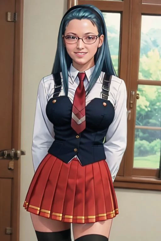 real, realistic, photorealistic, RAW photo, 8k uhd, dslr, soft lighting, high quality, film grain, Fujifilm XT3, FAP_BibleBlack_JunkoMochida_ownwaifu, long hair, blue hair, hairband, breasts, large breasts, blue eyes, rimless eyewear, very long hair, skirt, thighhighs, long sleeves, school uniform, necktie, glasses, zettai ryouiki, red necktie, suspenders, red skirt, pleated skirt, black_vest, vest, cowboy shot, smile, looking at viewer, deep cleavage, mature woman, solo, curvy