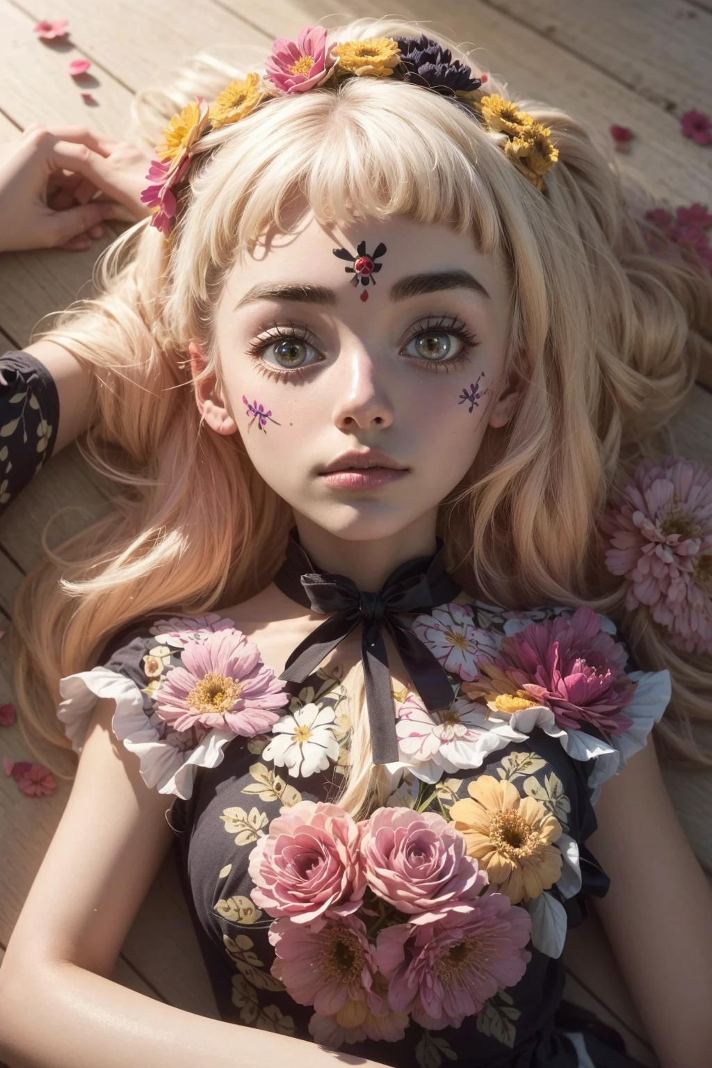 20 years old alice cartelet, beautyful eyes, catrina painted face, hair ornament , Arms above head pose, laying down, detailed background, (marygold flowers:1.1), <lora:add_detail:0.7> <lora:epi_noiseoffset2:0.7> <lora:offset_0.2:0.7> <lora:alice_cartelet-v1:0.7> <lora:beauty_eyes:0.4> <lora:CatrinaMakeUp_Concept:0.4>