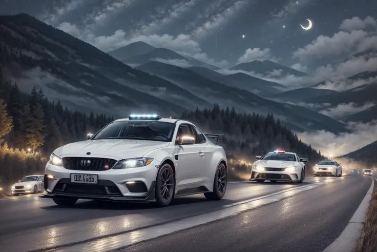 cars racing at night in mountains roadway scenario, near mist, cloudy starry night, White moon <lora:add_detail:1> <lora:offset_0.2:1> <lora:DaVinciTech:0.4> <lora:KawaiiTech:0.6> <lora:DarkSpheraStyle:0.1>