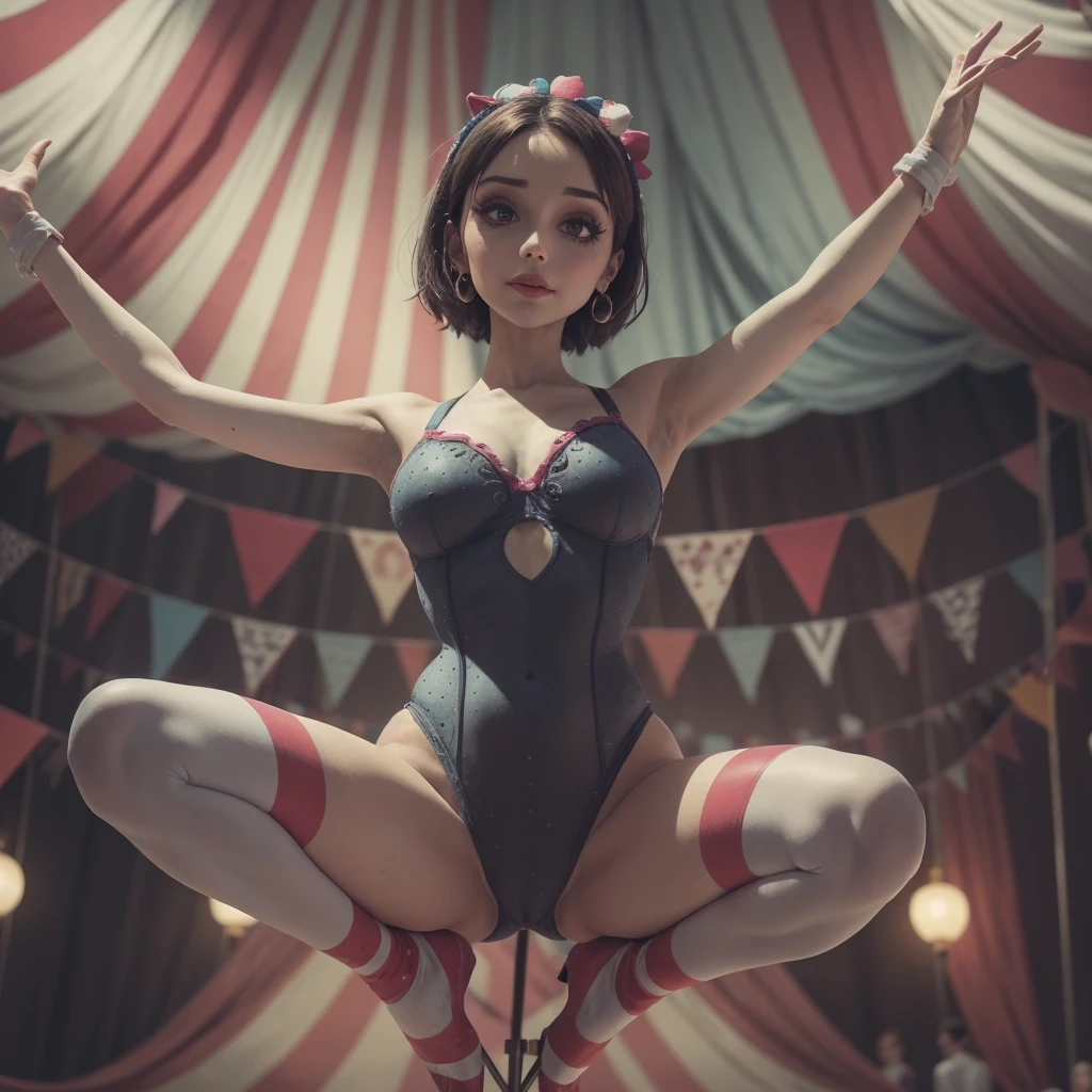 60 years old emily, Compact body, (nsfw:0.7), posing, wearing dark Mint cotton preppy outfit, (bokeh effect:1.2). circus tent, colorful, entertaining, and filled with acrobats and clowns . <lora:nsfw0.3.6:0.2> OverallDetail <lora:EmilyTheCorpseBride 40:0.2>