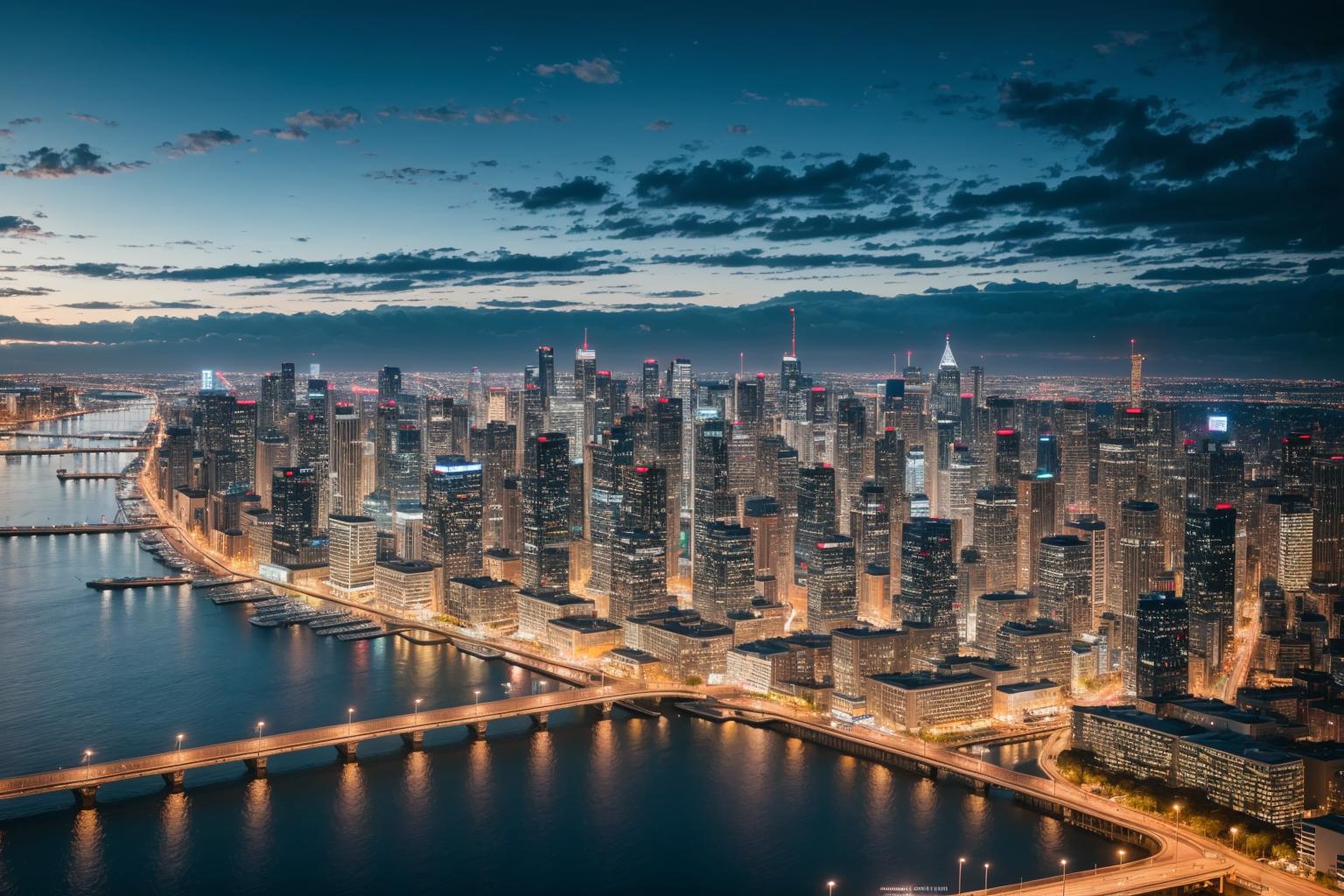 A view of a city skyline at night with a bridge and a river - SeaArt AI