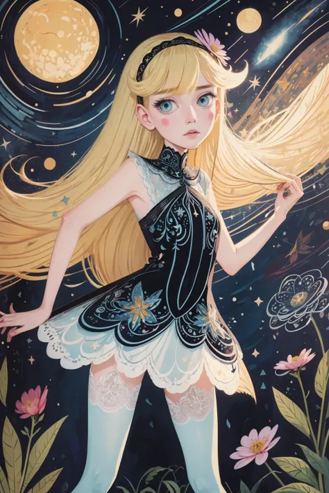slender star butterfly, beautyful eyes, long blonde hair, lace armor with flower details, stripped tights, background with shining stars, surrealistic,tuyawang,abstract,doodle art<lora:StarButterfly_v1.1:0.6> <lora:TUYA5:0.6> <lora:beauty_eyes:0.4>