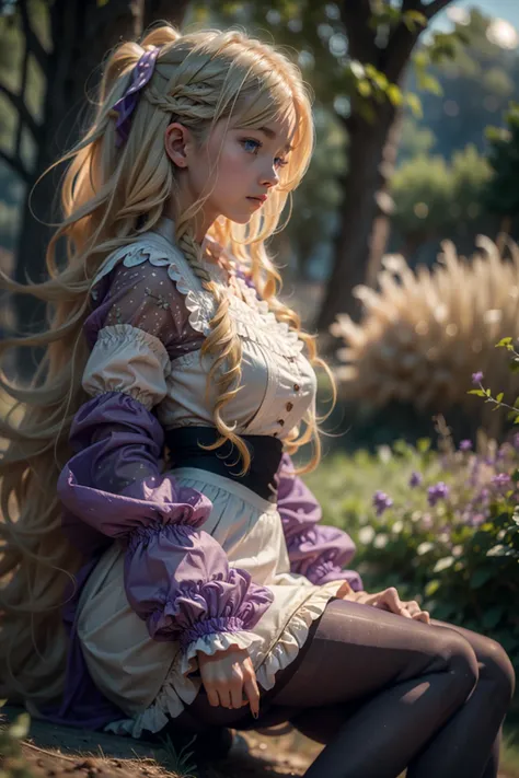 leeza, blonde hair, purple clothing, frills, long sleeves, black pantyhose , ttcolor, bokeh effect, background in a valley with trees far away <lora:leeza-nvwls-v1:0.7>. <lora:BokehMecha:0.5> <lora:beauty_eyes:0.2> <lora:perfecteyes-000007:0.35> <lora:ttcolor_v2:0.5> <lora:ilse2.2:0.5> <lora:microdress_v0.2:0.35>