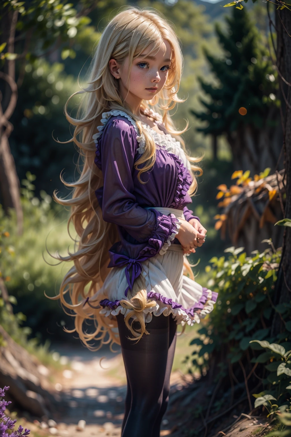 leeza, blonde hair, purple clothing, frills, long sleeves, black pantyhose , ttcolor, bokeh effect, background in a valley with trees far away <lora:leeza-nvwls-v1:0.7>. <lora:BokehMecha:0.5> <lora:beauty_eyes:0.2> <lora:perfecteyes-000007:0.35> <lora:ttcolor_v2:0.5> <lora:ilse2.2:0.5> <lora:microdress_v0.2:0.35>
