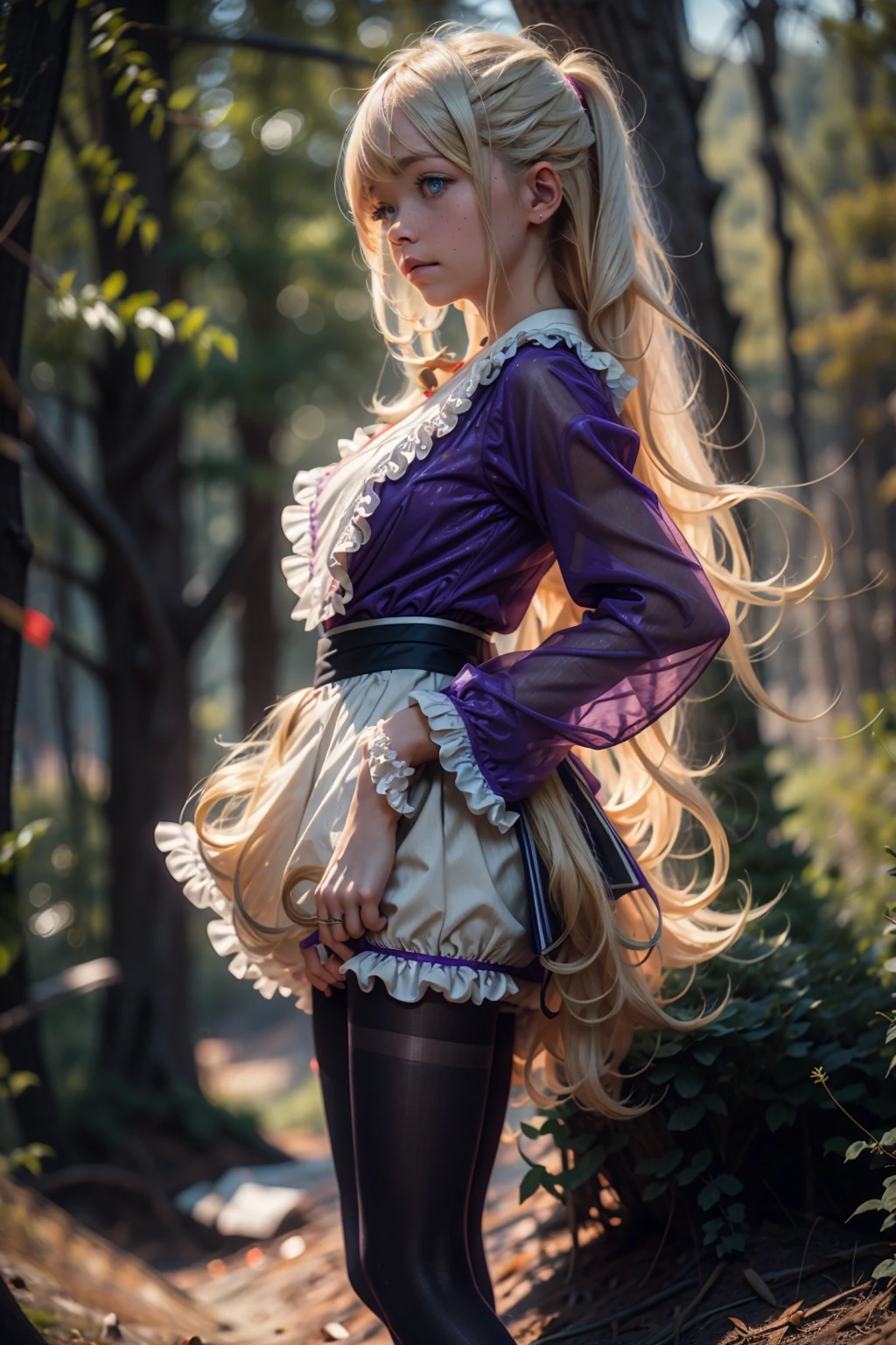 leeza, blonde hair, purple clothing, frills, long sleeves, black pantyhose , ttcolor, bokeh effect, background in a valley with trees far away <lora:leeza-nvwls-v1:0.7>. <lora:BokehMecha:0.5> <lora:beauty_eyes:0.2> <lora:perfecteyes-000007:0.35> <lora:ttcolor_v2:0.5> <lora:ilse2.2:0.5> <lora:microdress_v0.2:0.35>