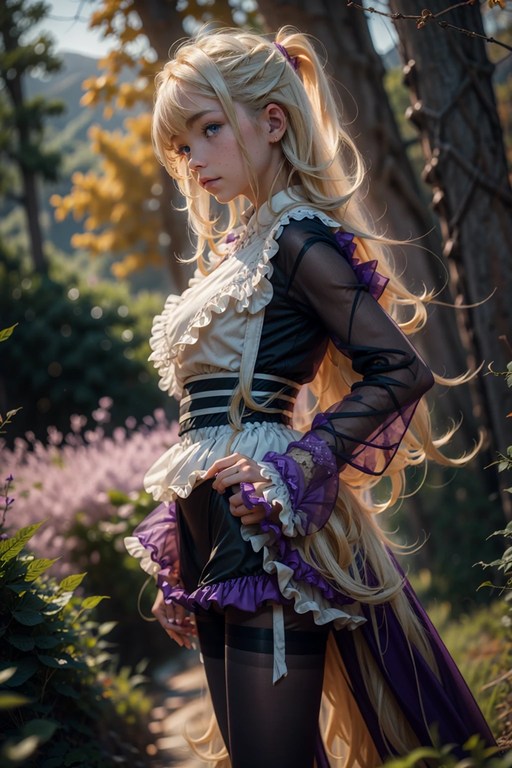 leeza, blonde hair, purple clothing, frills, long sleeves, black pantyhose , ttcolor, bokeh effect, background in a valley with trees far away <lora:leeza-nvwls-v1:0.7>. <lora:BokehMecha:0.5> <lora:beauty_eyes:0.2> <lora:perfecteyes-000007:0.35> <lora:ttcolor_v2:0.5> <lora:ilse2.2:0.5> <lora:microdress_v0.2:0.35>