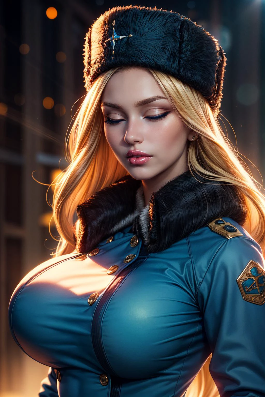 (ultra realistic,32k, masterpiece:1.2),(high detailed skin:1.1),( high quality:1.1),
<lora:kolin-nvwls-v1:0.8>(one eye closed:1.1),sfKolin, blonde hair, blue eyes, fur hat, dress, jacket, blurry background,,(looking at viewer, portrait:1.1),, (huge breast,large breast:1.1),<lora:add_detail:0.8>,
(dense light rays:1.1),