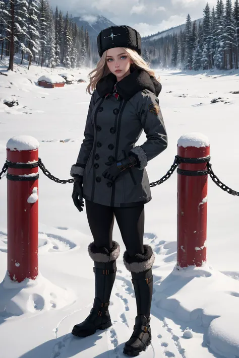 ((masterpiece)), (best quality), official art, extremely detailed CG, unity 8k wallpaper, ultra detailed,
sfKolin, fur hat, black coat, elbow gloves, boots,
standing, looking at viewer, winter, snow, grey sky,
<lora:kolin-nvwls-v1:0.9>