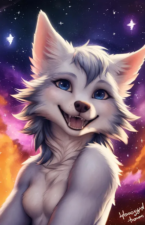 wolf, white fur,space, stars, happy, mouth open, teeth, smile, looking at viewer, honoy hioshiru personalami,tail,pink ears, (head portrait), posing, nebula, outside,anthro, blue eyes, solo,(hair tuft),pupils
<lora:whitney:1>