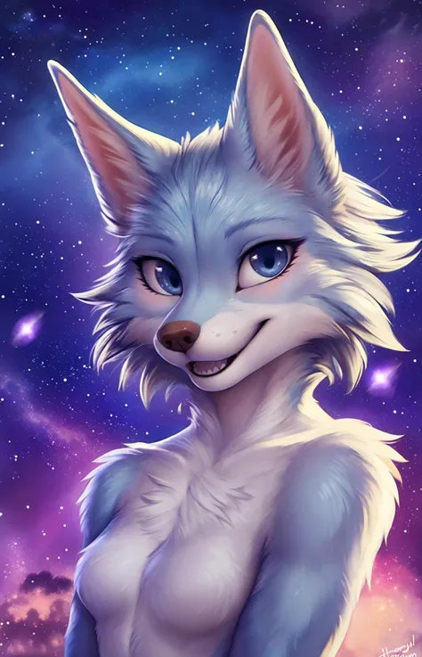 wolf,blue fur, white fur,space, stars, happy, mouth open, teeth, smile, looking at viewer, honoy hioshiru personalami,tail,pink ears, (portrait), posing, nebula, outside,anthro, blue eyes, solo,((face))
<lora:whitney:1>