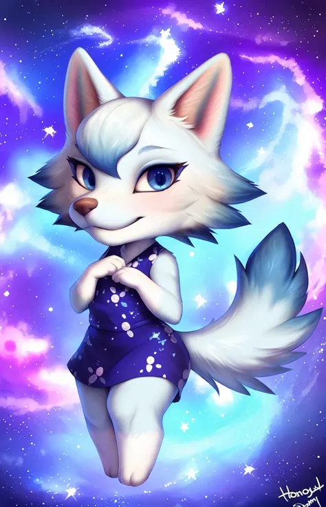 wolf,blue fur, white fur,space, stars, happy, smile, looking at viewer, honoy hioshiru personalami,tail,pink ears, portrait, posing, nebula,anthro, blue eyes,floral pattern purple dress,solo,((animal crossing)), chibi
 <lora:whitney:1>