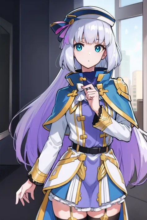 sthesiaawar, <lora:sthesiaawar-lora-nochekaiser:1>,
(sthesia awar:1.5), long hair, (green eyes:1.5), white hair, gradient hair, bangs, blunt bangs, sidelocks, purple hair,
BREAK thighhighs, long sleeves, hat, dress, belt, black thighhighs, zettai ryouiki, ascot, capelet,
BREAK looking at viewer, upper body, full body, cowboy shot,
BREAK indoors,
BREAK <lyco:GoodHands-beta2:1>, (masterpiece:1.2), best quality, high resolution, unity 8k wallpaper, (illustration:0.8), (beautiful detailed eyes:1.6), extremely detailed face, perfect lighting, extremely detailed CG, (perfect hands, perfect anatomy),