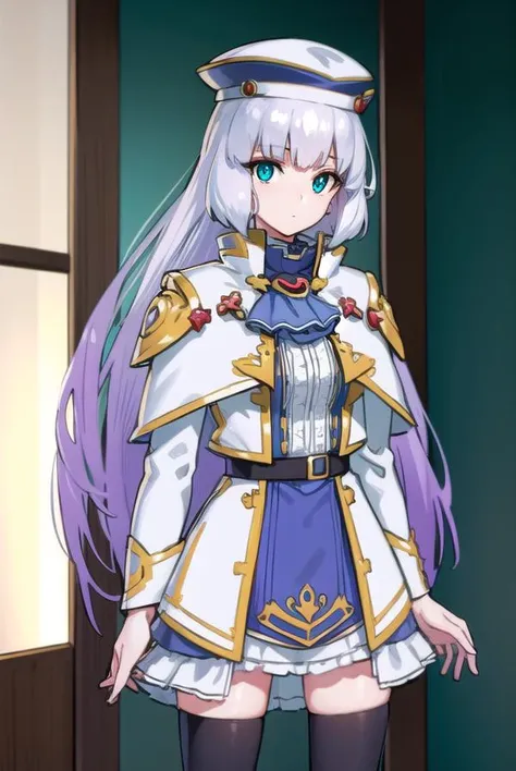 sthesiaawar, <lora:sthesiaawar-lora-nochekaiser:1>,
(sthesia awar:1.5), long hair, (green eyes:1.5), white hair, gradient hair, bangs, blunt bangs, sidelocks, purple hair,
BREAK thighhighs, long sleeves, hat, dress, belt, black thighhighs, zettai ryouiki, ascot, capelet,
BREAK looking at viewer, upper body, full body, cowboy shot,
BREAK indoors,
BREAK <lyco:GoodHands-beta2:1>, (masterpiece:1.2), best quality, high resolution, unity 8k wallpaper, (illustration:0.8), (beautiful detailed eyes:1.6), extremely detailed face, perfect lighting, extremely detailed CG, (perfect hands, perfect anatomy),
