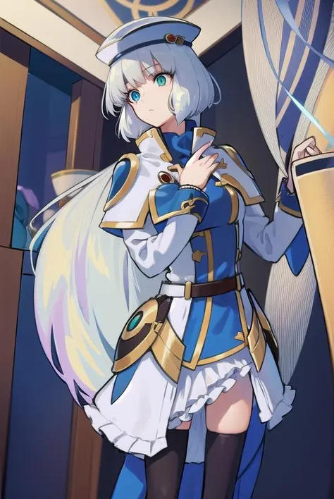 sthesiaawar, <lora:sthesiaawar-lora-nochekaiser:1>,
(sthesia awar:1.5), long hair, (green eyes:1.5), white hair, gradient hair, bangs, blunt bangs, sidelocks, purple hair,
BREAK thighhighs, long sleeves, hat, dress, belt, black thighhighs, zettai ryouiki, ascot, capelet,
BREAK looking at viewer, upper body, full body, cowboy shot,
BREAK indoors,
BREAK <lyco:GoodHands-beta2:1>, (masterpiece:1.2), best quality, high resolution, unity 8k wallpaper, (illustration:0.8), (beautiful detailed eyes:1.6), extremely detailed face, perfect lighting, extremely detailed CG, (perfect hands, perfect anatomy),