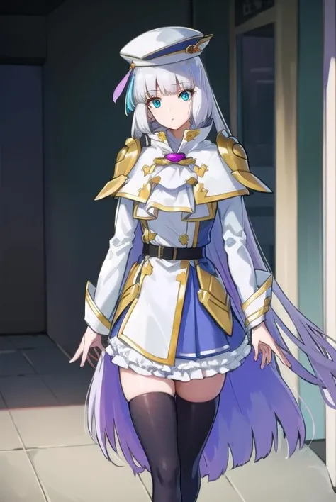 sthesiaawar, <lora:sthesiaawar-lora-nochekaiser:1>,
(sthesia awar:1.5), long hair, (green eyes:1.5), white hair, gradient hair, bangs, blunt bangs, sidelocks, purple hair,
BREAK thighhighs, long sleeves, hat, dress, belt, black thighhighs, zettai ryouiki, ascot, capelet,
BREAK looking at viewer, upper body, full body, cowboy shot,
BREAK indoors,
BREAK <lyco:GoodHands-beta2:1>, (masterpiece:1.2), best quality, high resolution, unity 8k wallpaper, (illustration:0.8), (beautiful detailed eyes:1.6), extremely detailed face, perfect lighting, extremely detailed CG, (perfect hands, perfect anatomy),