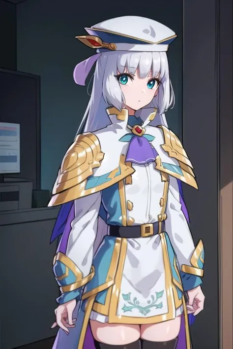 sthesiaawar, <lora:sthesiaawar-lora-nochekaiser:1>,
(sthesia awar:1.5), long hair, (green eyes:1.5), white hair, gradient hair, bangs, blunt bangs, sidelocks, purple hair,
BREAK thighhighs, long sleeves, hat, dress, belt, black thighhighs, zettai ryouiki, ascot, capelet,
BREAK looking at viewer, upper body, full body, cowboy shot,
BREAK indoors,
BREAK <lyco:GoodHands-beta2:1>, (masterpiece:1.2), best quality, high resolution, unity 8k wallpaper, (illustration:0.8), (beautiful detailed eyes:1.6), extremely detailed face, perfect lighting, extremely detailed CG, (perfect hands, perfect anatomy),