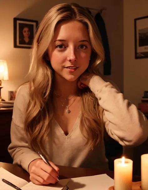 In a dimly lit, cozy dorm room illuminated only by the warm glow of a candle, MissKatie, dressed in a simple yet alluring outfit, sits at her desk with a notebook and pen in hand. Her eyes fixate on the viewer as she ponders life's mysteries while gently smiling, displaying parted lips, long hair cascading down her back, and an adorable mole just above her cheek, accentuated by high contrast shadows. Solo yet intimate, she gazes at the viewer with a knowing look in her expressive eyes as the necklace hangs gracefully upon her neck, highlighting her femininity while providing a subtle glimmer. <lora:ggnnin18e785f355co194:1>