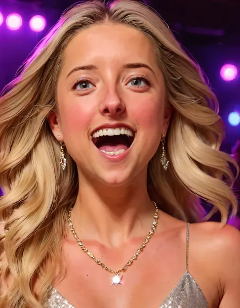 At the vibrant club, MissKatie - a breathtaking, young woman with long, blonde hair and parted lips - danced gracefully under the flashing lights, her teeth gleaming as she smiled, revealing a sparkling necklace and earrings that accentuated her natural beauty. <lora:xunimr18e7870601cy1d2:1>