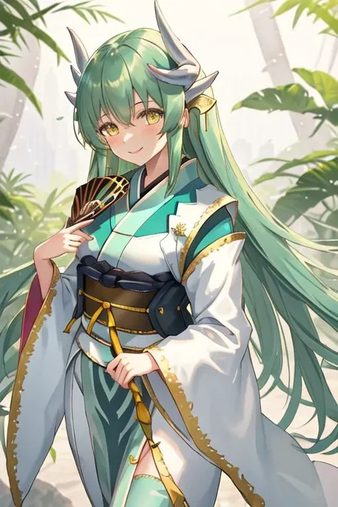 best quality, masterpiece, highres, solo, {kiyohime_fgo:1.15}, horns, long_hair, yellow_eyes, dragon_horns, smile, blush, green_hair, bangs, aqua_hair, breasts, hair_between_eyes, 1girl, folding_fan, hand_fan, holding, holding_fan, japanese_clothes, kimono, looking_at_viewer, obi, sash, wide_sleeves