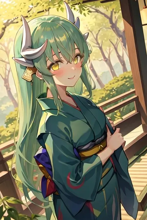 best quality, masterpiece, highres, solo, {yukata:1.40}, {kimono:1.20}, {kiyohime_fgo:1.15}, horns, long_hair, yellow_eyes, dragon_horns, smile, blush, green_hair, bangs, aqua_hair, breasts, hair_between_eyes