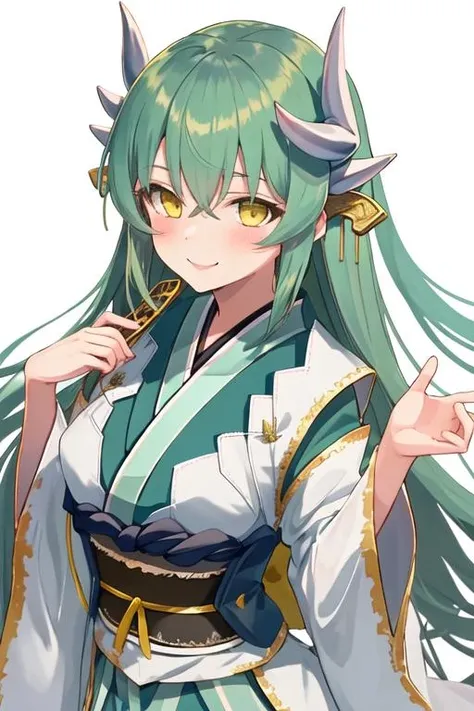 best quality, masterpiece, highres, solo, {kiyohime_fgo:1.15}, horns, long_hair, yellow_eyes, dragon_horns, smile, blush, green_hair, bangs, aqua_hair, breasts, hair_between_eyes