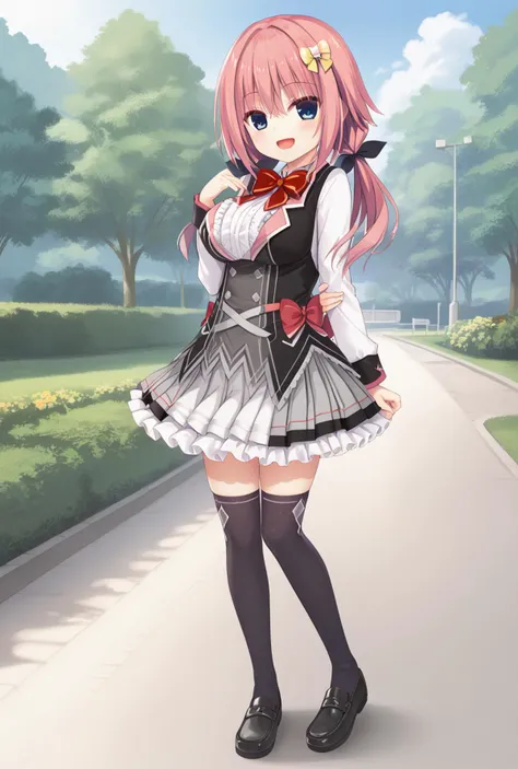 <lora:tokiwa kano_hamidashi creative_PONY_last:1>(smile)open your mouth,whole body),full body
1girl,kano-default,blue eyes,pink hair,hair ornament,twintails,long hair,school uniform, red bow,frills,shirt,pleated skirt,frilled skirt, black thighhighs,black loafers
background park,noon